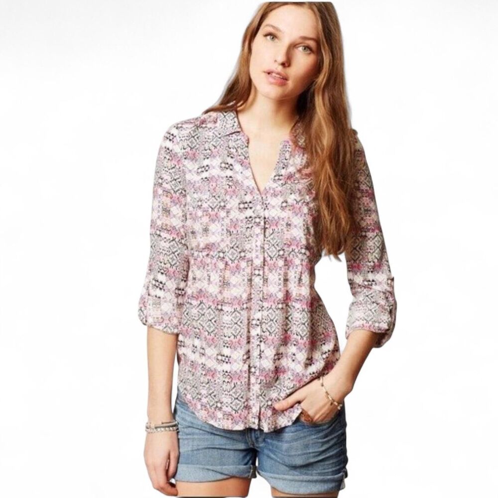 Anthropologie Maeve Islet Geometric Print Blouse Pink - Small
